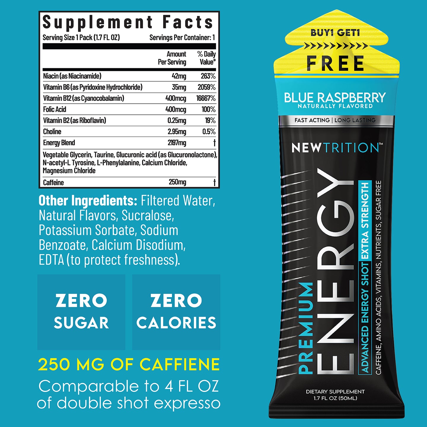 Blue Raspberry Flavor Extra Strength Energy Shots